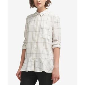 DKNY Womens Plaid Peplum Button-Up Shirt Size L